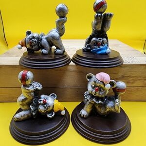 4 Vintage George Good Pewter Bear Clown 2.5" Figurines Wood Base Lot